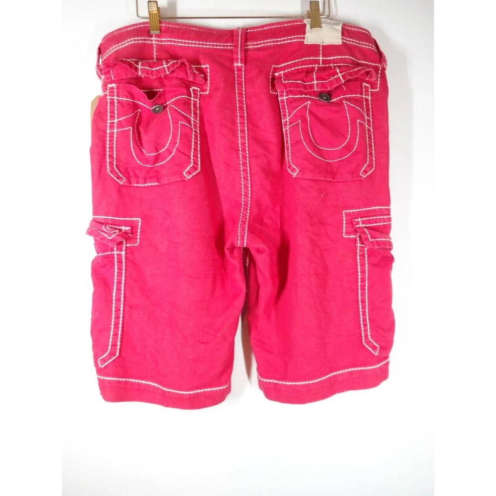 VTG Y2K True Religion Cargo Shorts XL Red White Contrast Stitch Baggy Streetwear